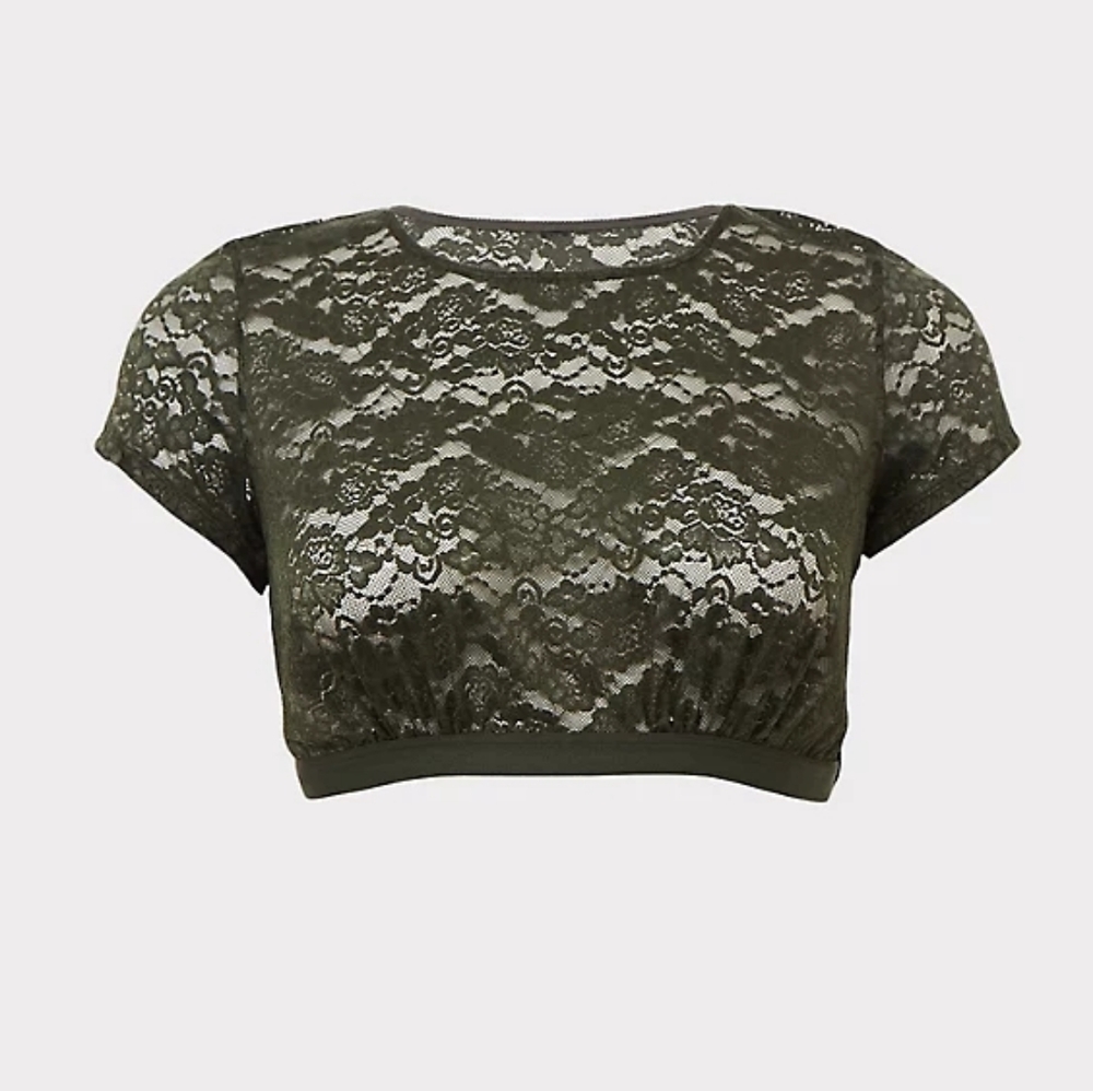Torrid Olive Green Lace Short Sleeve Crop Top